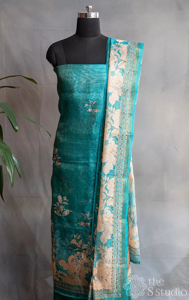 Teal green semi silk salwar set with embroidery