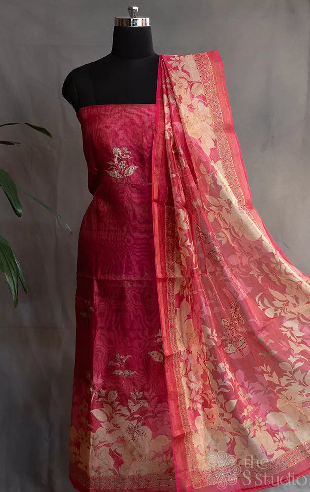 Dark pink semi silk salwar suit with floral prints and embroidery