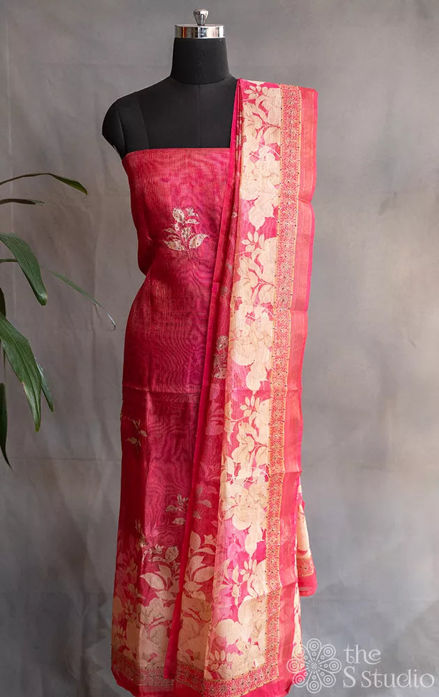 Dark pink semi silk salwar suit with floral prints and embroidery