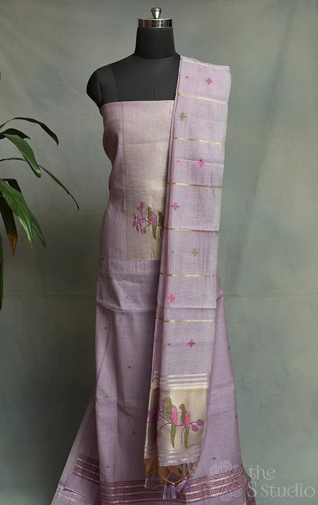Lavender linen cotton salwar set with tissue neck pattern