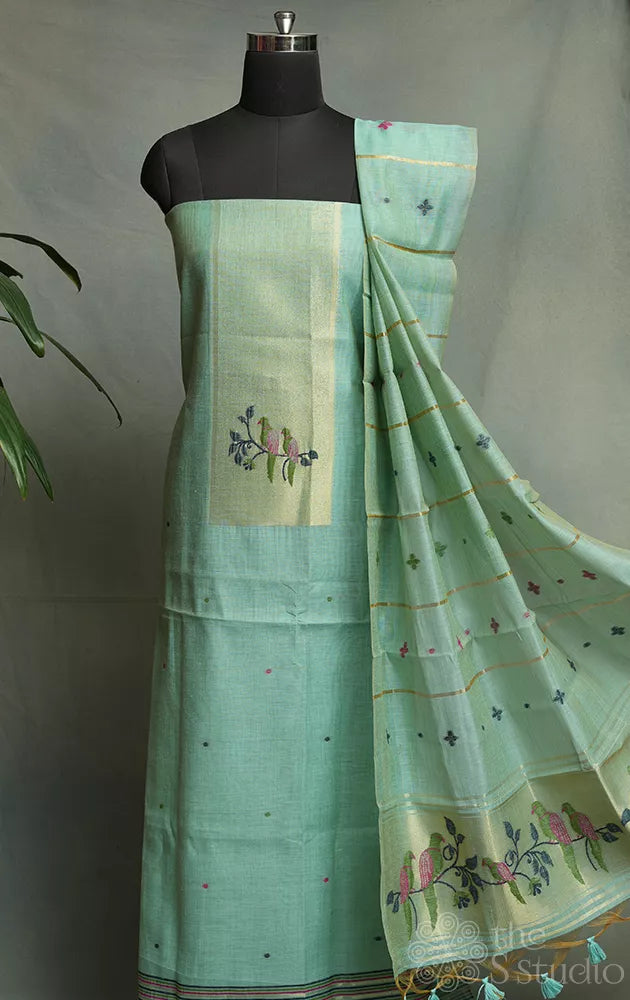 Light blue linen cotton salwar suit with jamdani design