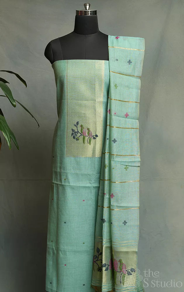Light blue linen cotton salwar suit with jamdani design