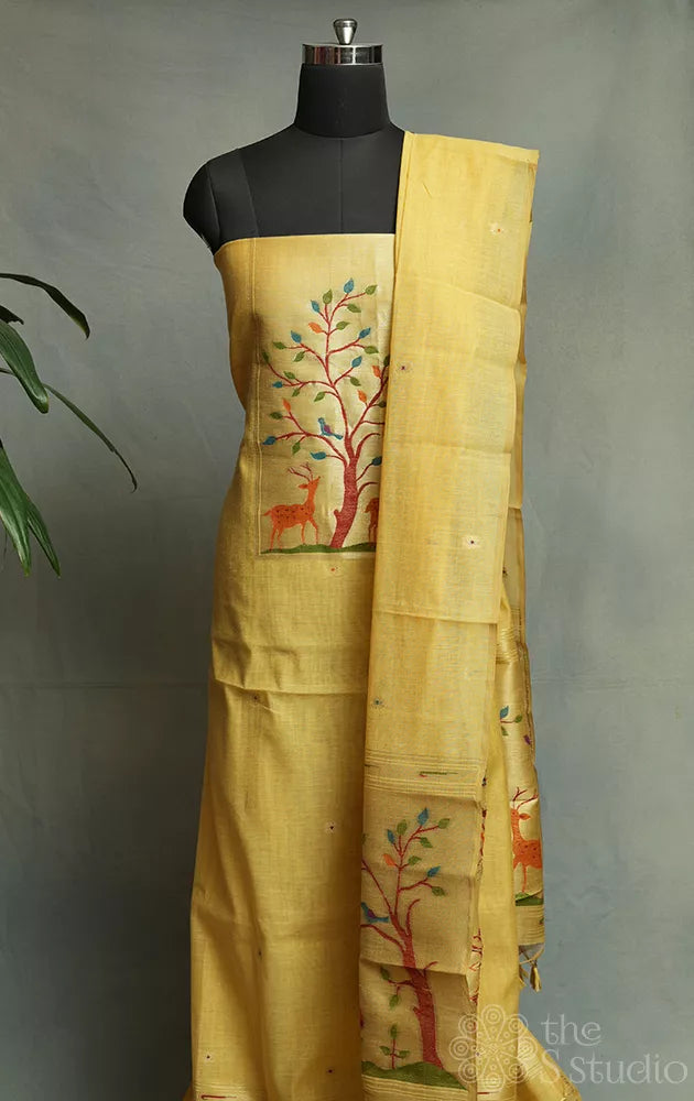 Mustard yellow linen cotton salwar suit with tissue Neck pattren