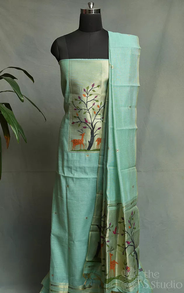 Light green linen cotton salwar set with tissue neck pattern