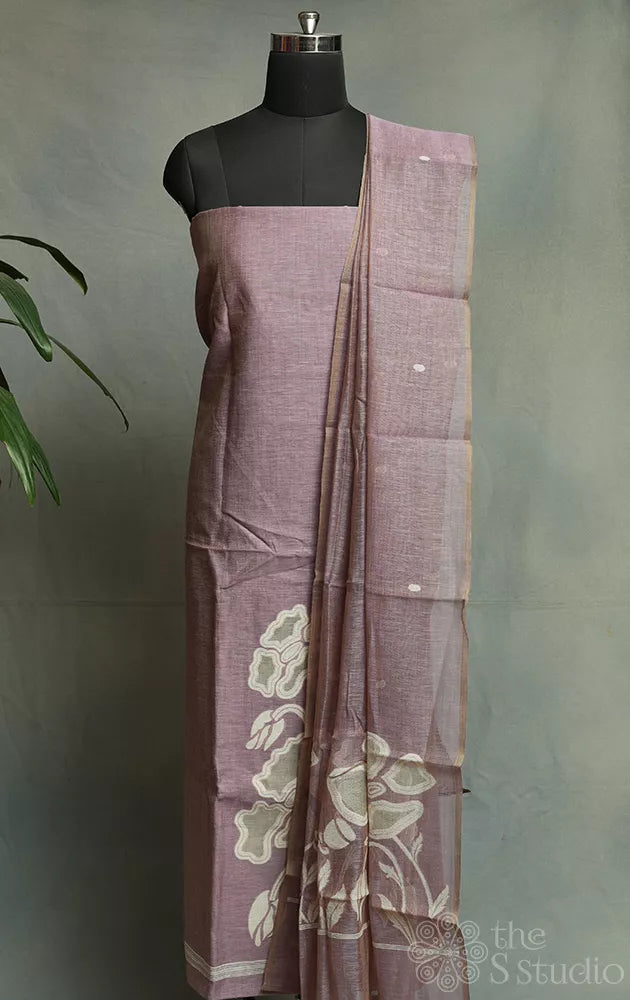 Lavender linen cotton salwar suit with jamdani weave and matching dupatta