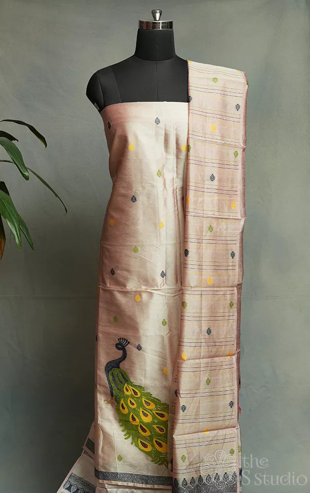 Peach semi silk salwar suit with peacock motif