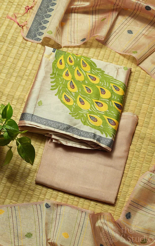 Peach semi silk salwar suit with peacock motif