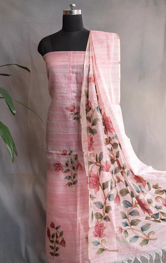 Light pink tissue silk salwar suit with applique embroidery