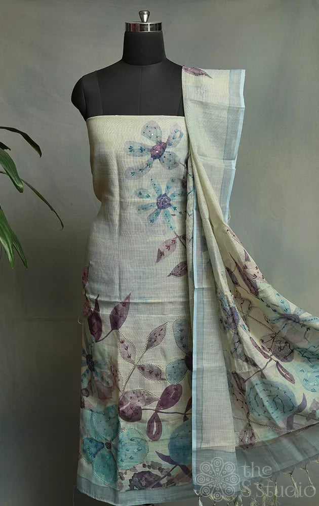 Blue linen cotton salwar set with floral prints and embroidery