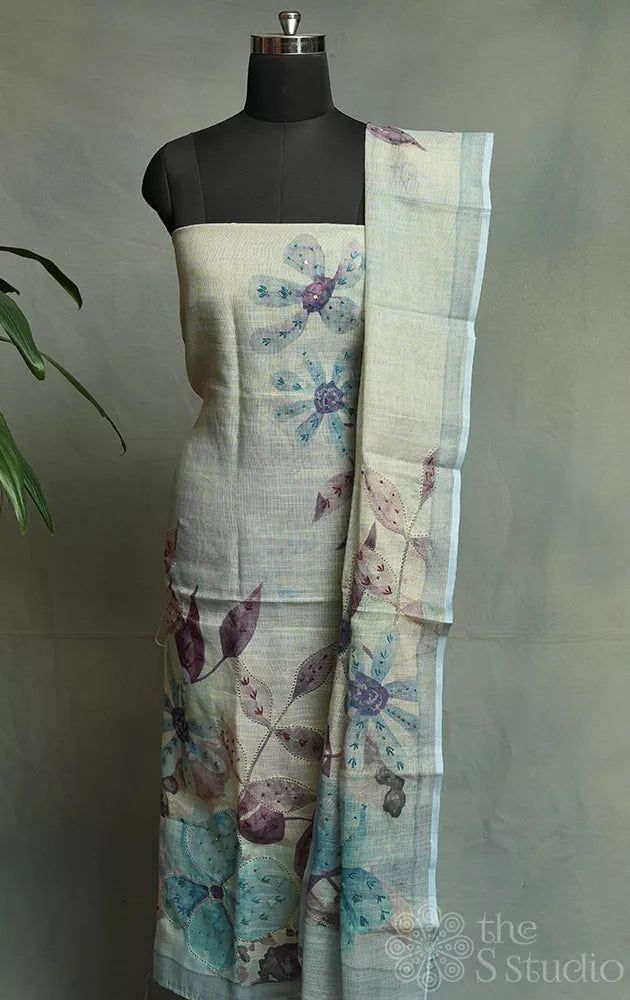 Blue linen cotton salwar set with floral prints and embroidery