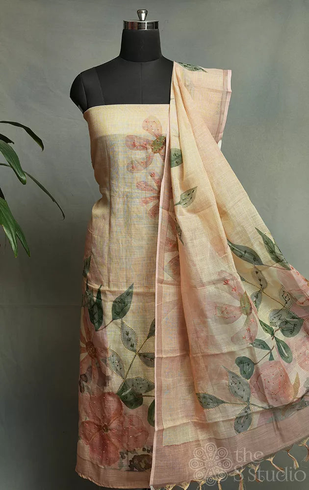 Peach linen cotton salwar set with floral design with matching dupatta