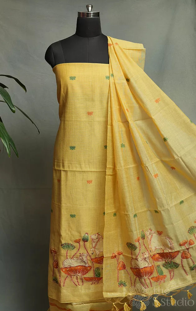 Mustard yellow linen cotton salwar suit with pichwai cow motifs 