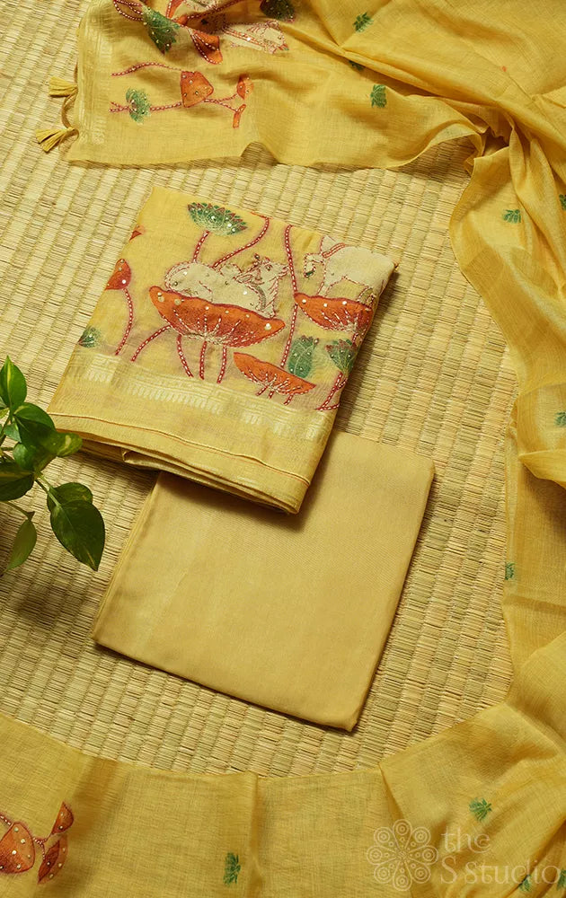 Mustard yellow linen cotton salwar suit with pichwai cow motifs