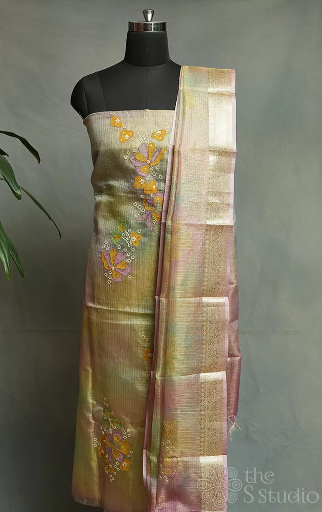 Shades of gold, pink and green tissue salwar set with applique work