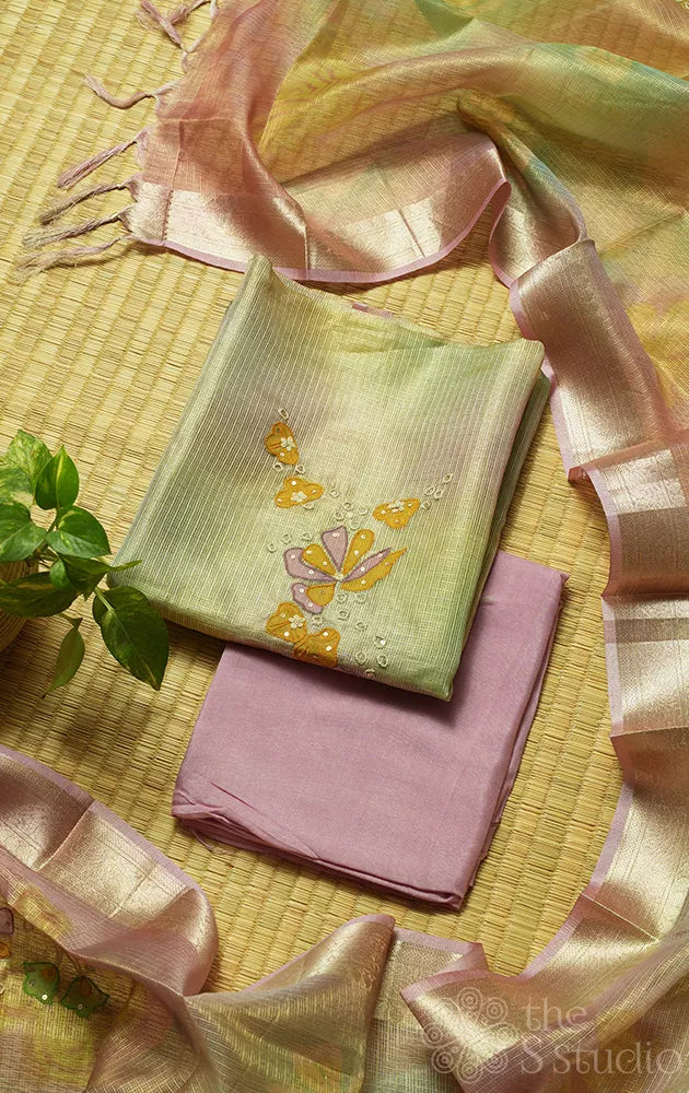 Shades of gold, pink and green tissue salwar set with applique work