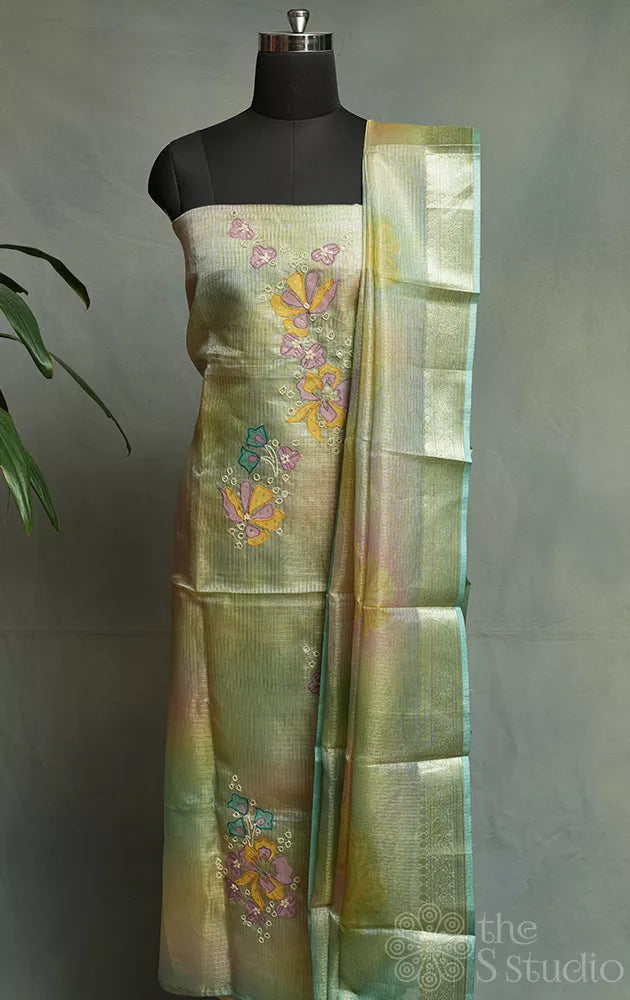 Shades of gold, pink and blue tissue salwar set with applique work