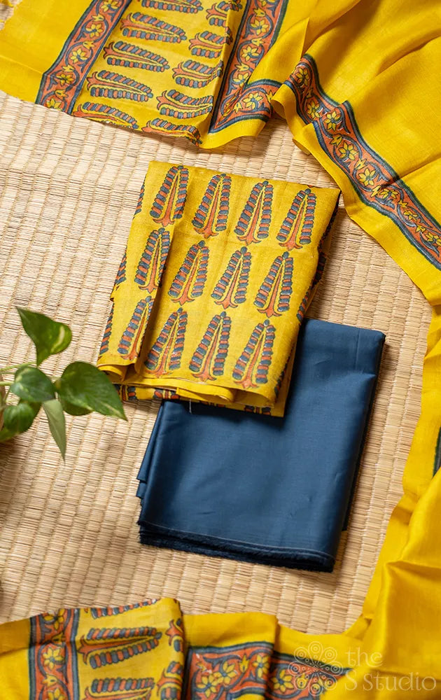 Yellow tussar silk salwar suit with grey block prints