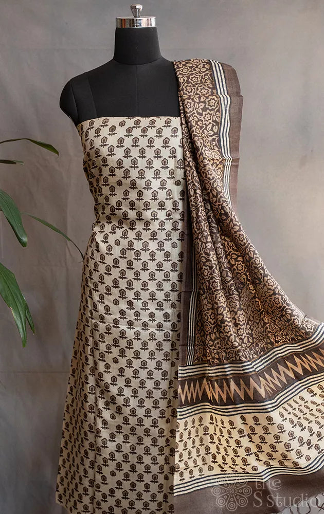 Brown with beige pure tussar silk salwar set with small floral prints