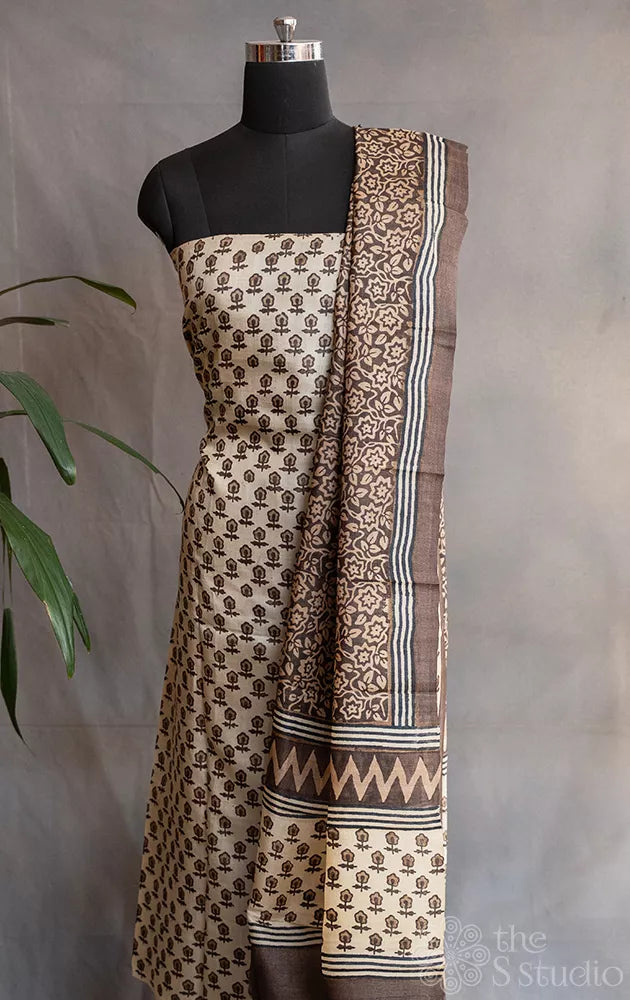 Brown with beige pure tussar silk salwar set with small floral prints