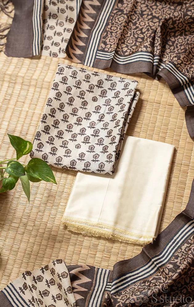 Brown with beige pure tussar silk salwar set with small floral prints