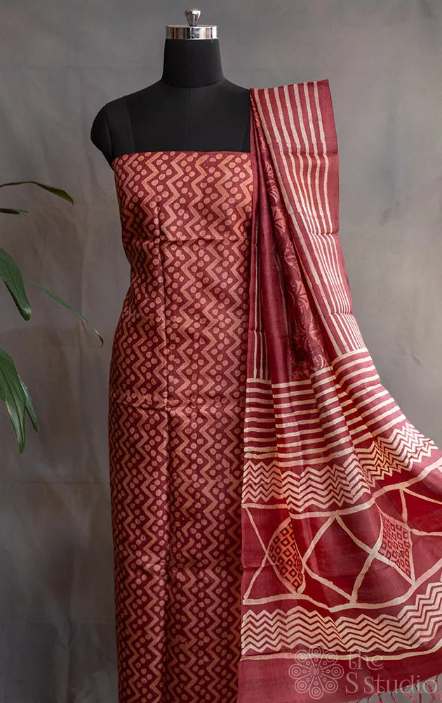 Maroon pure tussar silk salwar suit with grey block prints