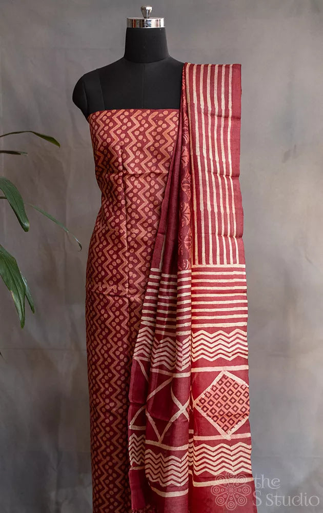 Maroon pure tussar silk salwar suit with grey block prints
