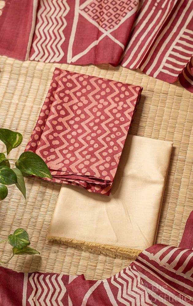 Maroon pure tussar silk salwar suit with grey block prints