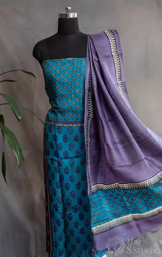 Blue pure tussar silk salwar set with violet floral prints