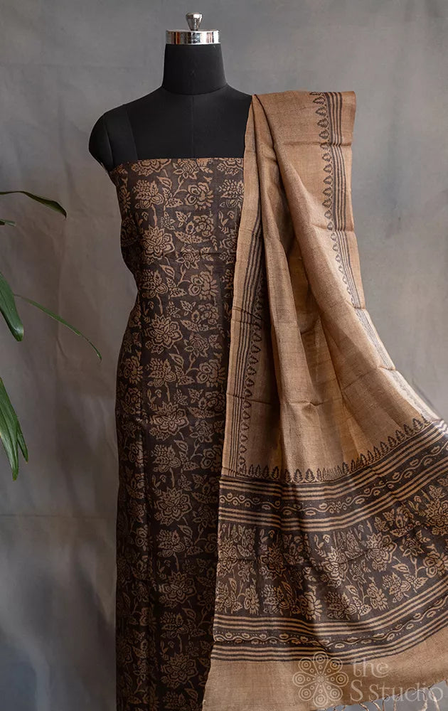 Light brown pure tussar silk salwar suit with floral block prints