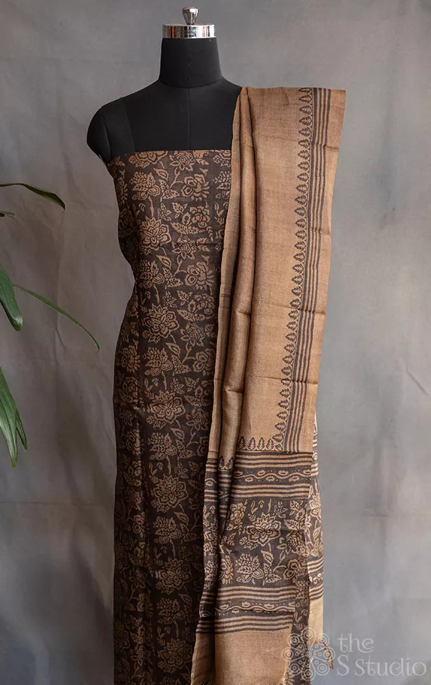 Light brown pure tussar silk salwar suit with floral block prints