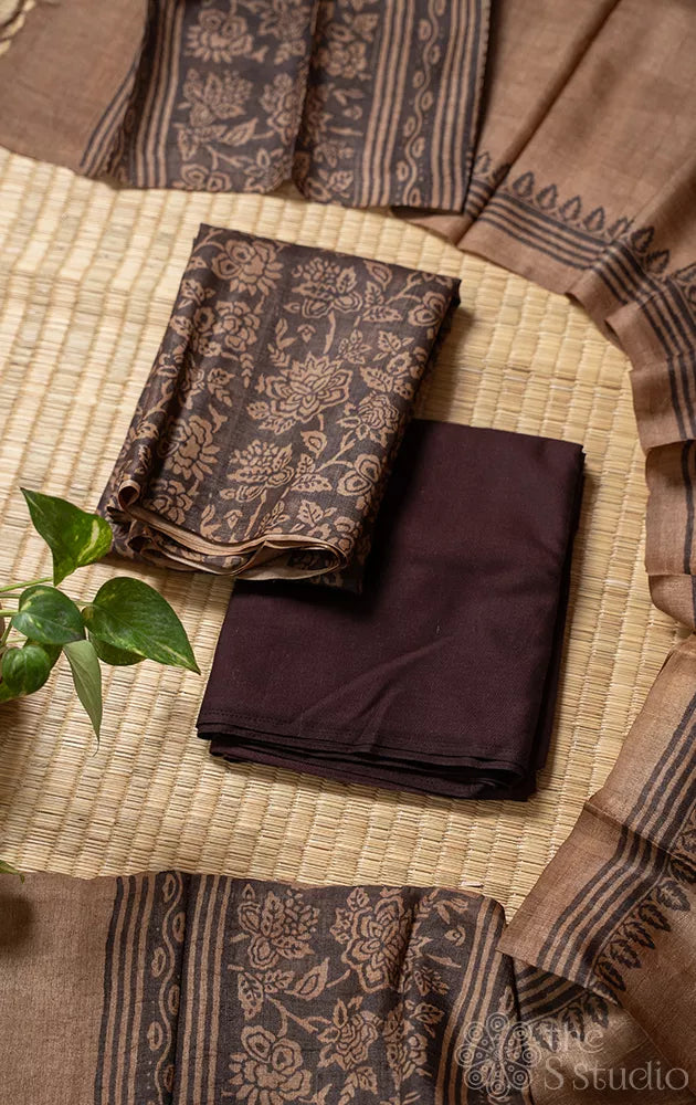 Light brown pure tussar silk salwar suit with floral block prints