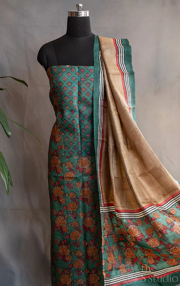Light green pure tussar silk salwar suit with grey block prints