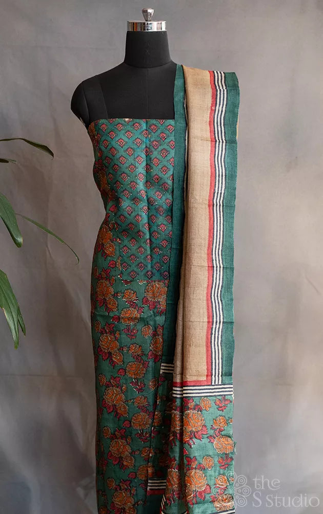 Light green pure tussar silk salwar suit with grey block prints