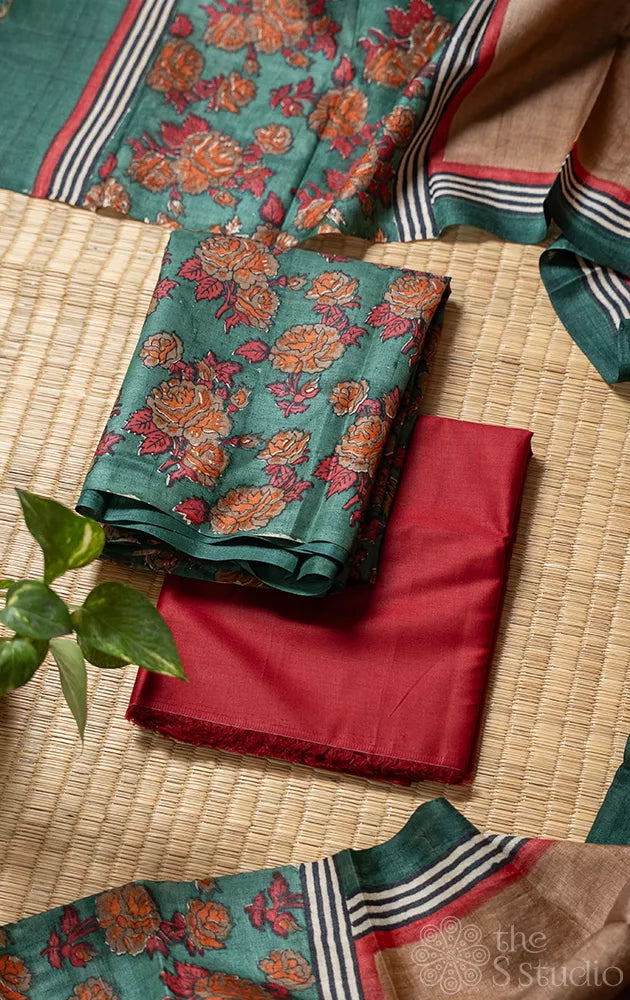 Light green pure tussar silk salwar suit with grey block prints