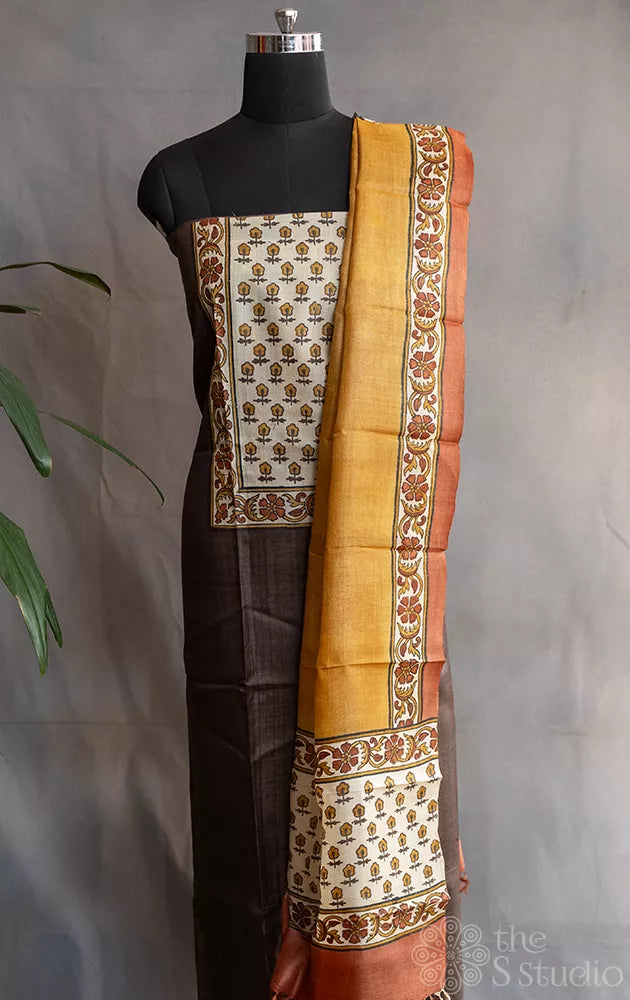 Brown pure tussar silk salwar suit with grey block prints