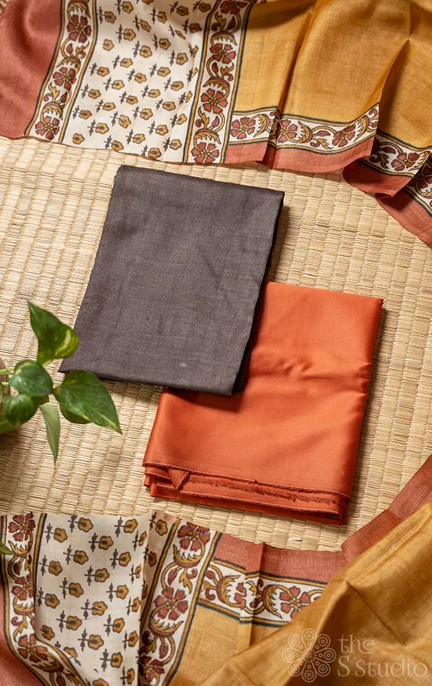 Brown pure tussar silk salwar suit with grey block prints