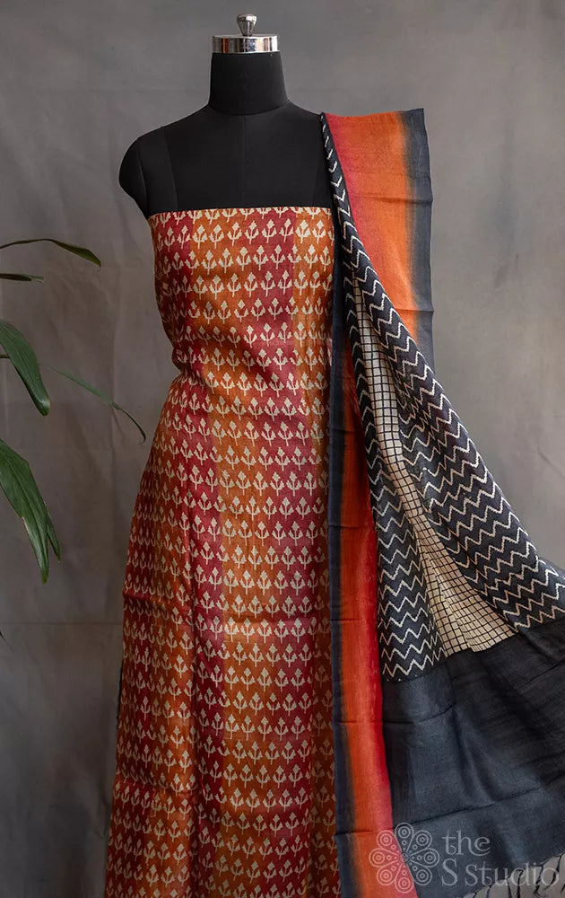 Elephant grey pure tussar silk salwar suits with maroon bottom