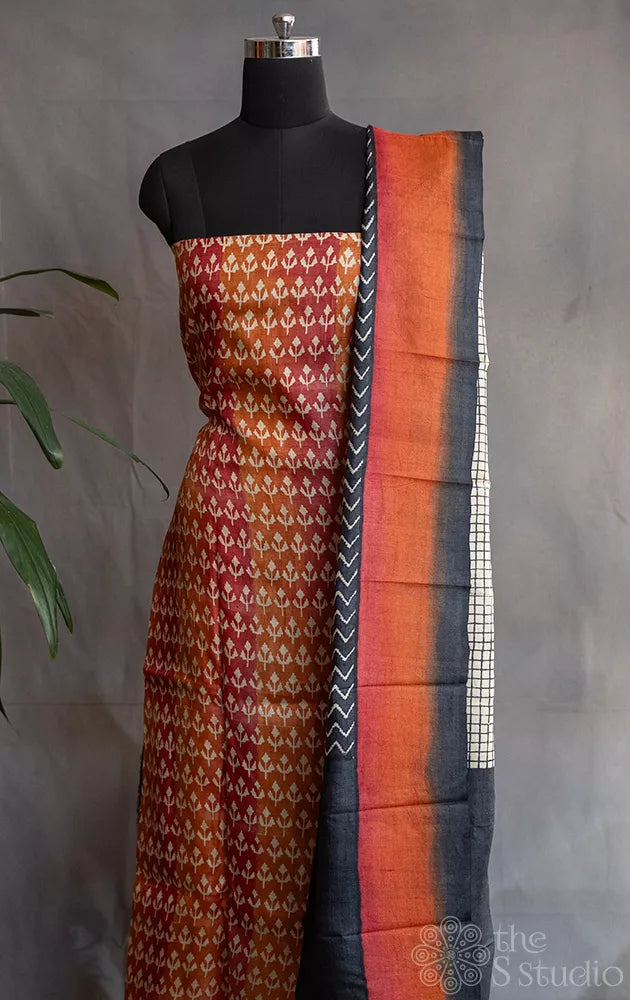 Peach orange pure tussar silk salwar suits with maroon bottom