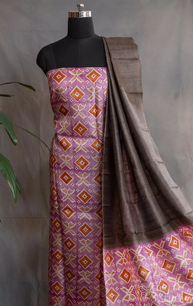 Brown pure tussar silk salwar suit with pink block print border