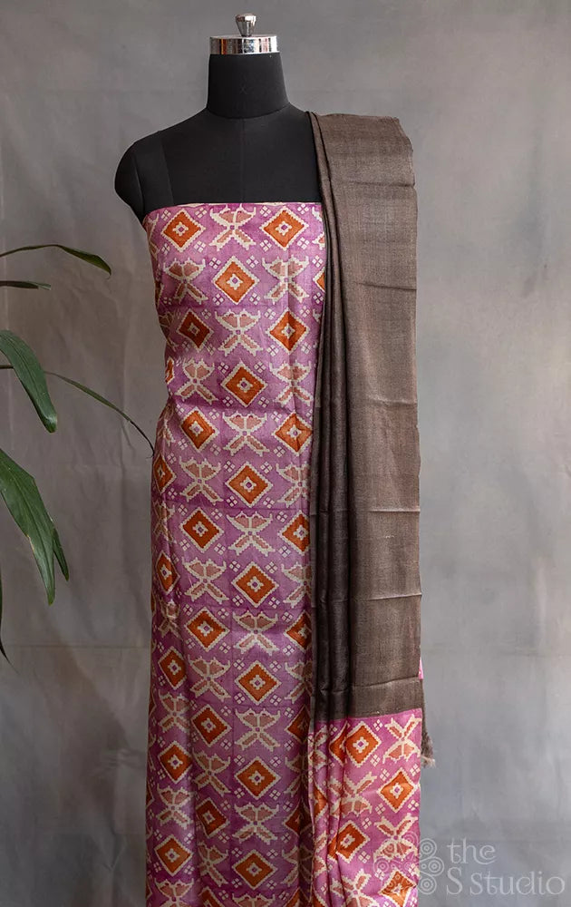 Pink pure tussar silk salwar suit with block print