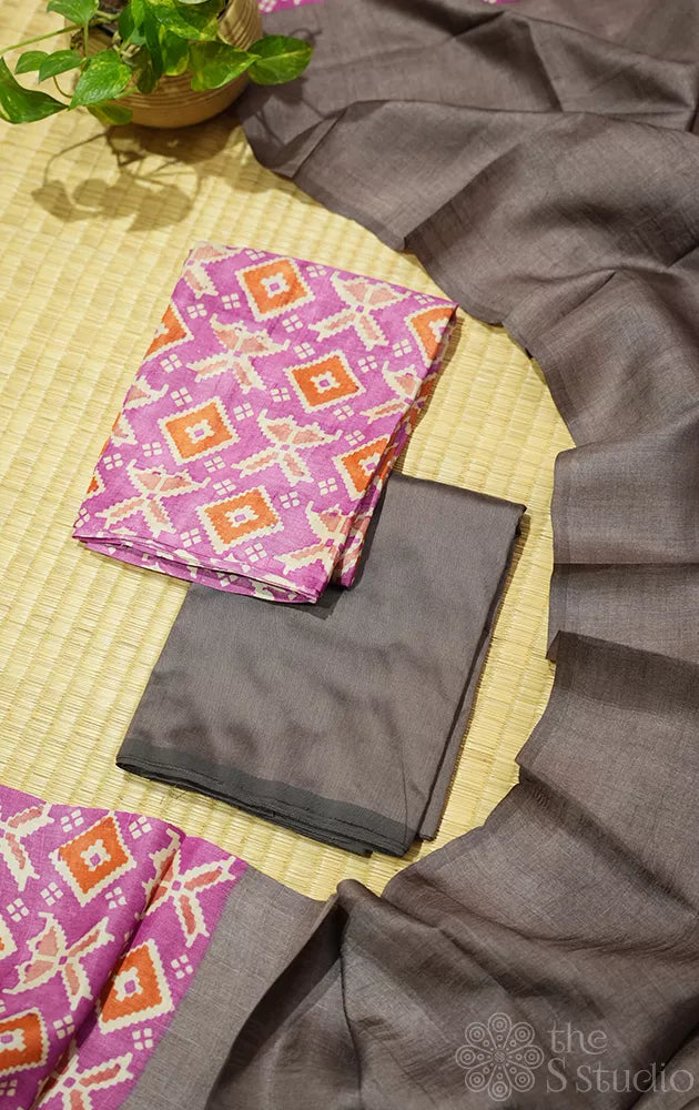 Pink pure tussar silk salwar suit with block print
