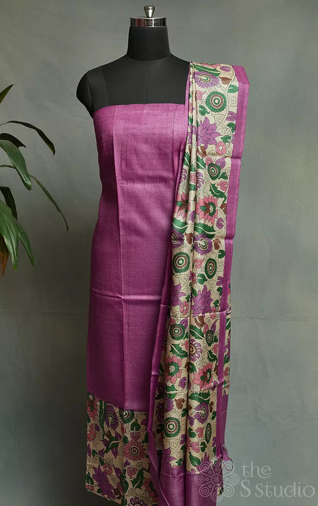Lavender tussar silk kurta and dupatta set with kalamkari prints