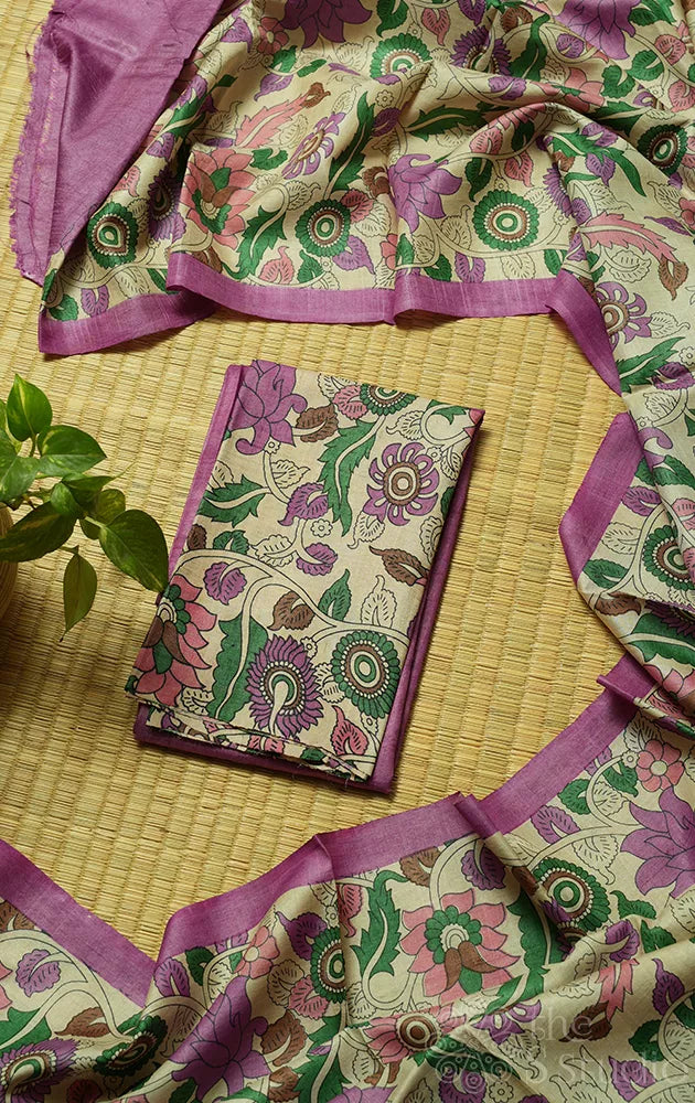Lavender tussar silk kurta and dupatta set with kalamkari prints