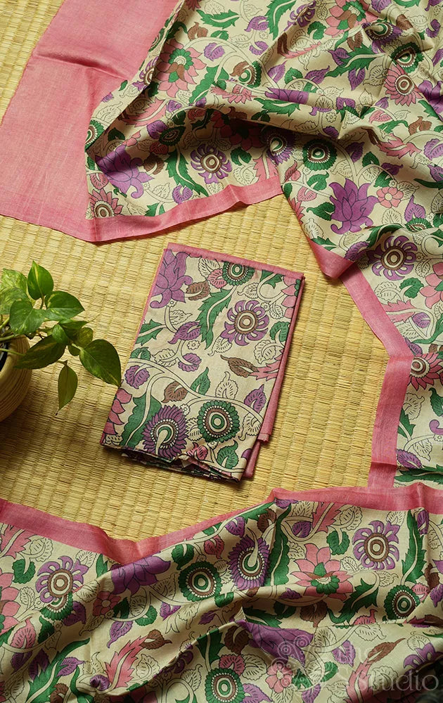 Light pink kurta and dupatta set with floral kalamkari prints