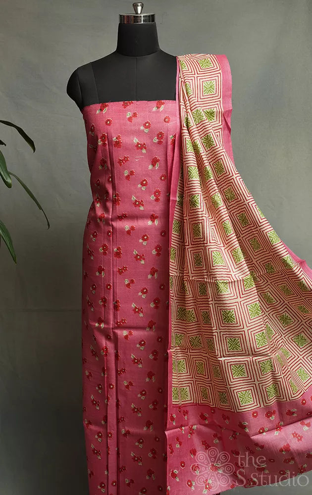 Pink tussar silk kurta and dupatta set with small floral prints