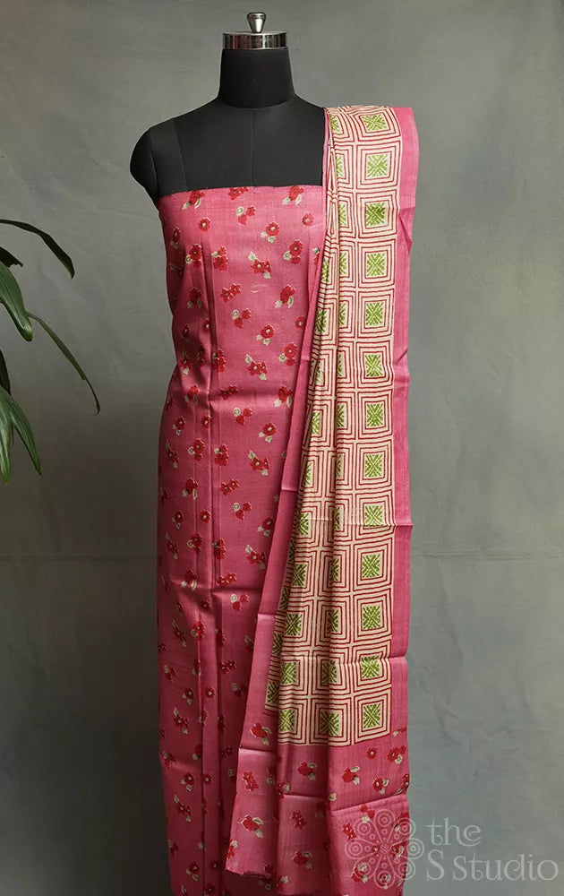 Pink tussar silk kurta and dupatta set with small floral prints