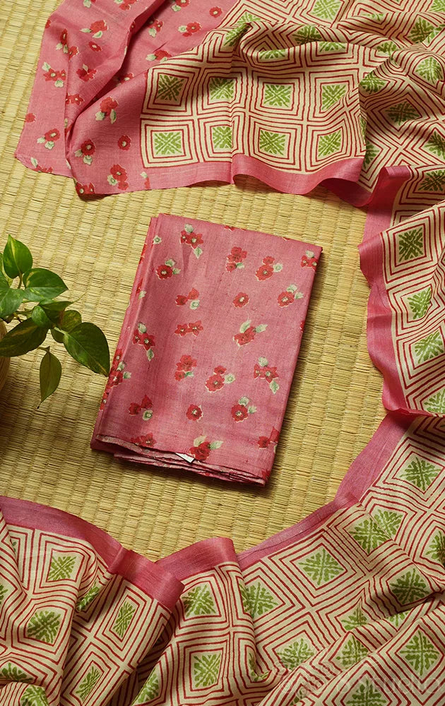 Pink tussar silk kurta and dupatta set with small floral prints