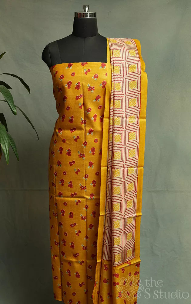 Mustard tussar silk small floral prints kurta and dupatta set