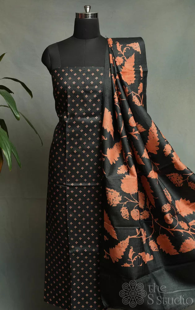 Black with peach tussar silk kurta and dupatta set