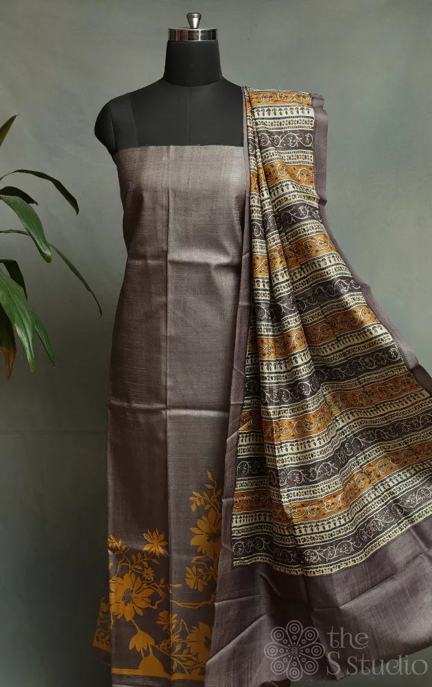 Brown tussar silk kurta and dupatta set with mustard floral prints